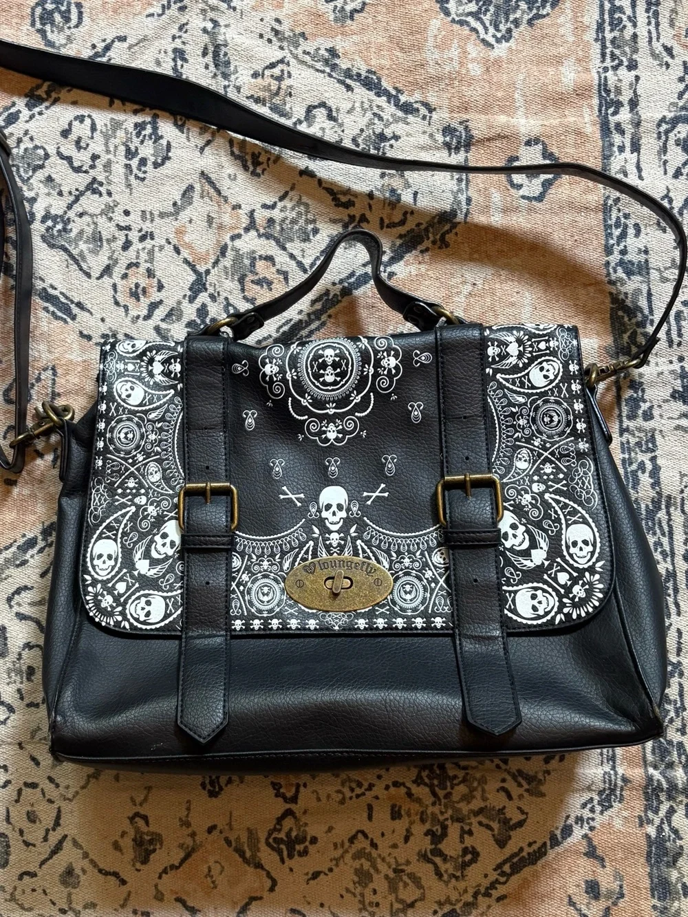 Loungefly Black Satchel with White Skull Bandana Print